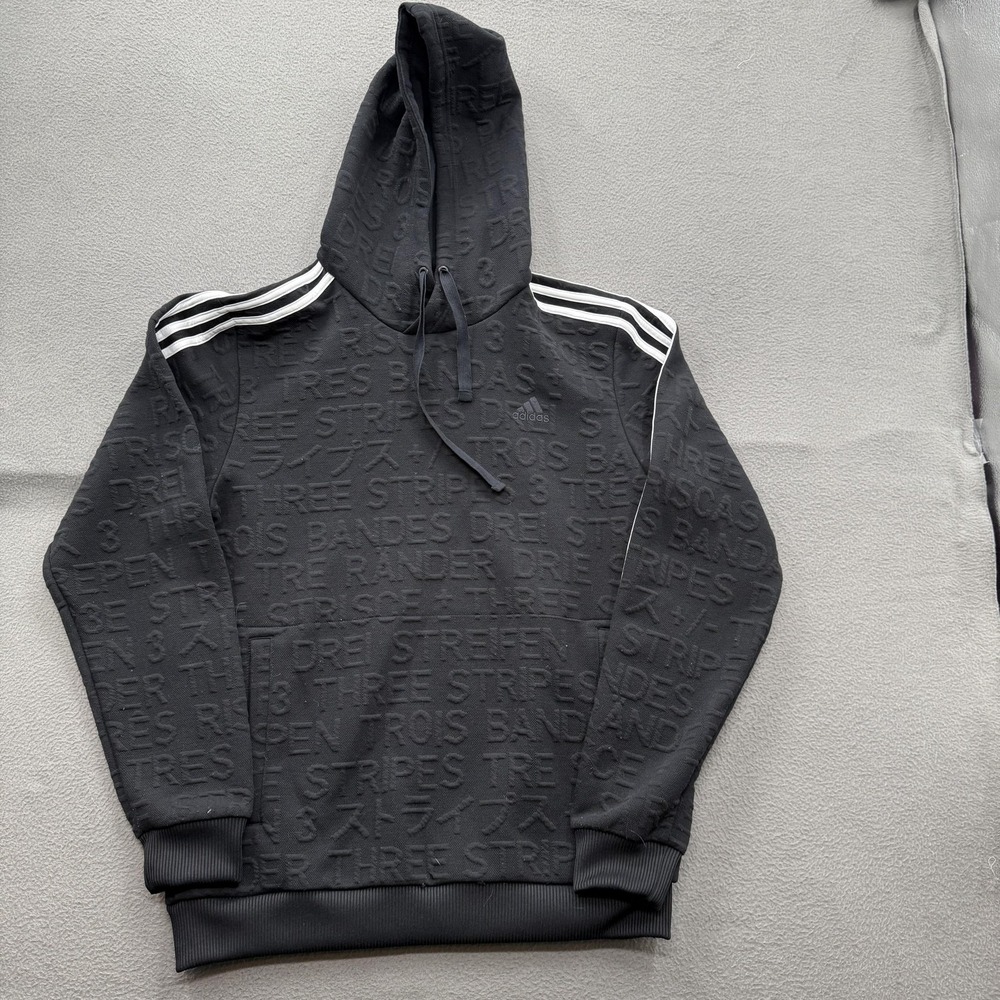 Adidas Hoodie Mens Medium Black Embossed Three Stripes Pullover Pockets Logo